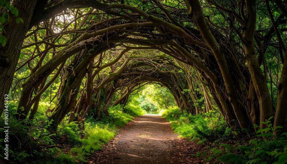 Fototapeta premium A tranquil pathway bordered by lush greenery and intertwined branches, creating a natural archway