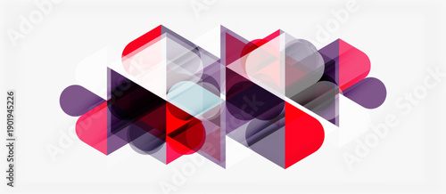 Abstract geometric shapes overlap, creating vibrant red, purple hues. Design features transparency, layering, modern aesthetic.