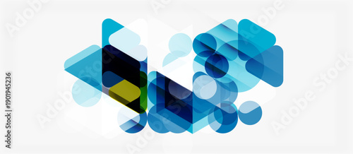 Abstract geometric shapes overlap, creating layered blue tones. Minimalist design with translucent elements, modern aesthetic.