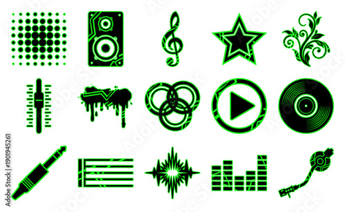 Cyberpunk Neon Green Audio Graphics Asset Sheet for Electronic Music Production and DJ Culture