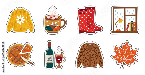 Autumn Cozy Stickers Set, Hygge Vector Illustration