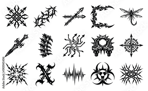 Tribal Cyberpunk Neo-Chrome Graphic Asset Sheet for Alternative Streetwear and Edgy Digital Branding