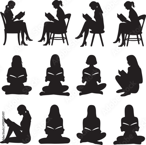 Silhouettes of women reading in various sitting positions