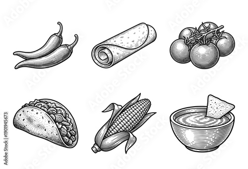 Mexican food collection featuring taco burrito chili peppers tomatoes corn and salsa in vintage woodcut engraving style