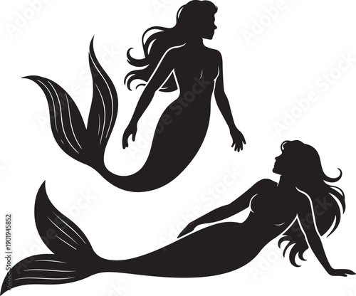 Two mermaids swimming in ocean  mythical creatures