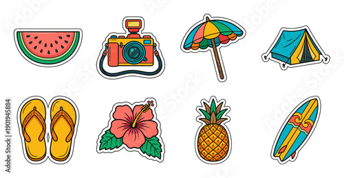 Summer Vacation Sticker Set with Tropical Icons