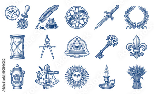 Vintage Alchemy and Hermetic Science Engraving Element Kit for Esoteric and Mystical Graphic Design