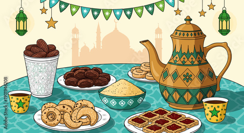Traditional Ramadan Iftar Table with Arabic Sweets Dates and Coffee