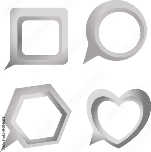 立体感のあるシルバーカラーの吹き出し型フレームセット｜角丸スクエア・円形・六角形・ハート形のアイコン素材｜Webデザイン・UI・説明用装飾イラスト