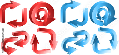 赤と青の立体回転矢印アイコンセットのイラスト｜循環・更新・リロード・プロセスを表現する3Dアローマーク素材｜ビジネス図解やシステム説明、インフォグラフィックに使える抽象デザイン