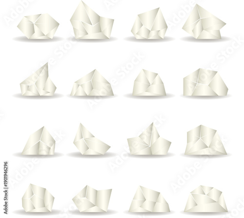 白い紙を丸めたような抽象オブジェクトのバリエーションセット｜しわ・折り目・立体感のあるホワイトペーパー風形状素材｜アイデア発想・思考・問題解決・コンセプト表現に使えるミニマル背景イラスト