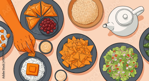 A top-down view of a table filled with various dishes like samosas, nachos, salad, rice, and a teapot, with a hand adding a topping.