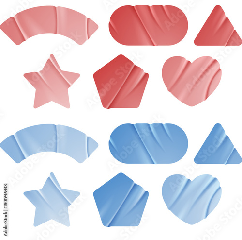 赤と青の半透明ガラス質感で表現した星形と曲線シェイプの装飾パーツセット　ポップでモダンなUIデザイン向け抽象イラスト素材