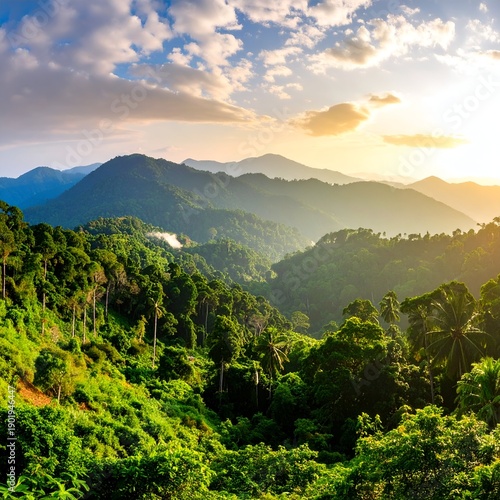 Lush green valleys and towering mountains bathed in golden sunlight create a breathtaking natural landscape