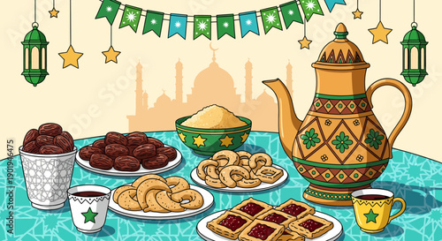 A vibrant illustration of a table set with traditional Middle Eastern sweets, dates, and an ornate teapot, under festive green and gold decorations with a mosque silhouette.