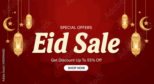 Festive Eid Sale Banner Design with Golden Lanterns Crescent Moons and Stars