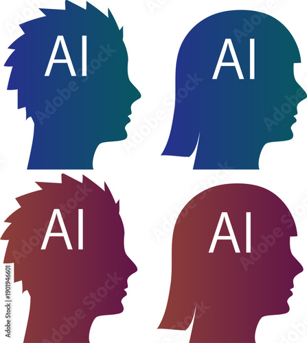 人工知能を象徴する男女の横顔シルエットイラスト　AI思考・デジタル知性・人とテクノロジーの関係性を表現したコンセプトデザイン