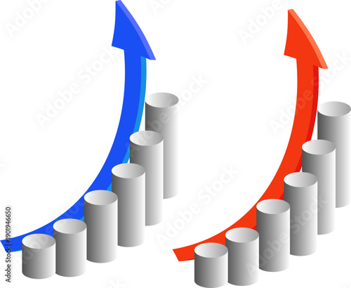円柱グラフと上昇カーブ矢印で数値の推移と改善傾向を表現したビジネス向けイラスト、成果比較・成長分析・目標達成イメージを視覚化できる資料やWeb説明用デザイン素材