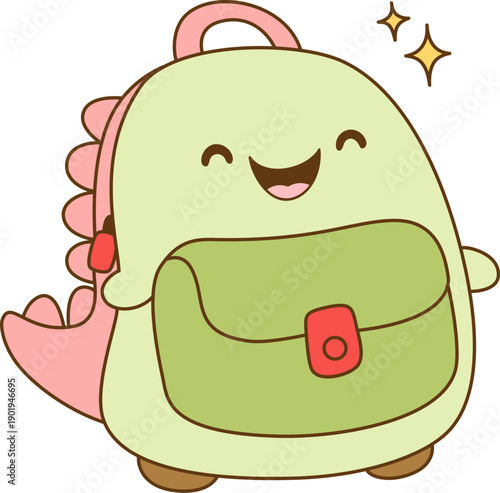 Cute dinosaur backpack with smiling face and colorful design, perfect for school or playtime
