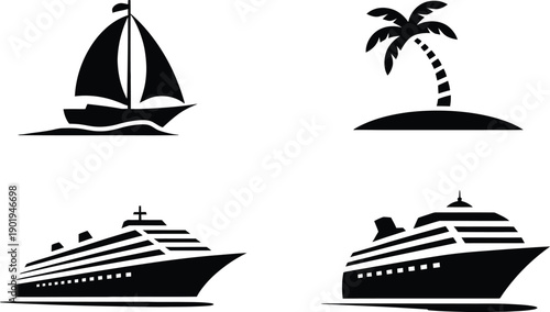 Minimalist sailboat and palm tree island silhouette icons for travel and tourism branding