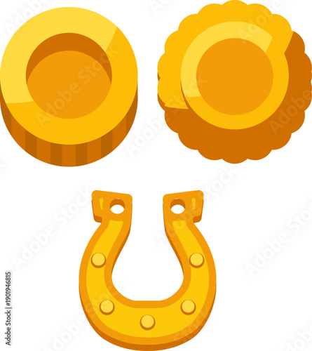 金色の立体メダルとコイン、幸運を象徴する馬蹄モチーフのアイコンセット、成功・達成・表彰・運気上昇を表現できるビジネス広告やキャンペーン向けイラスト素材
