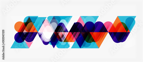 Abstract geometric shapes overlap, creating colorful wave pattern. Vivid hues blend, forming dynamic visual composition.