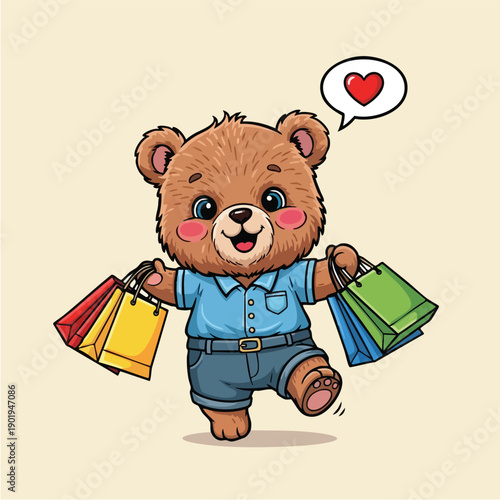 Cute cartoon bear happily carrying shopping bags after a successful trip.