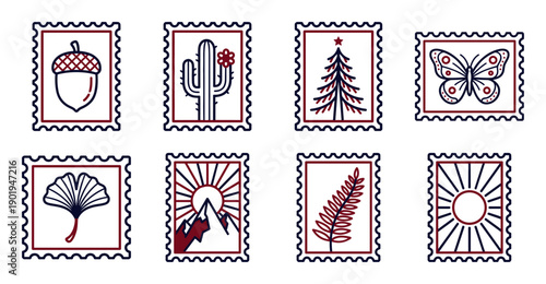 Minimalist Nature and Botanical Postage Stamp Collection for Scrapbooking and Stationery Design