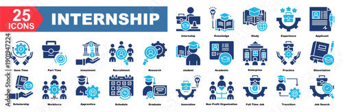 Internship icon collection set.Knowledge,Study,Experience,Applicant,Save Time,Part Time,investment.Simple vector illustration.