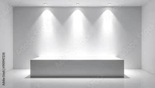 Wallpaper Mural A minimalist white room featuring a simple rectangular platform illuminated by three overhead lights Torontodigital.ca