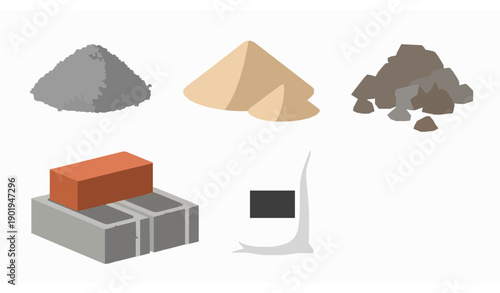 Gravel sand bricks vector icon set construction materials isolated on transparent background