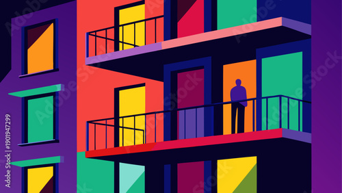 Apartment building with figure on balcony