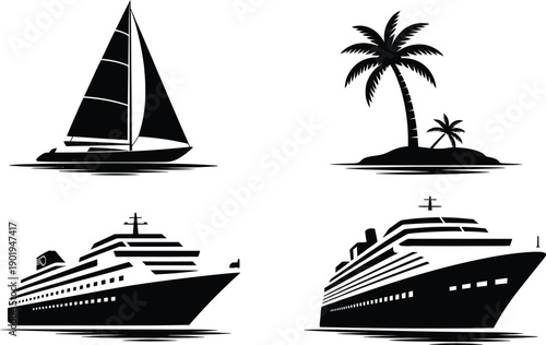 Set of vacation-themed vector icons including a sailboat, a palm island, and two cruise liners