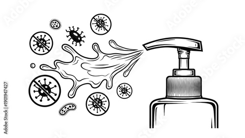 Hand Sanitizer Splash Illustration with Germ Icons and Microbe Symbols, Antiseptic Action Graphic for Health Education and Product Packaging