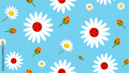 Daisies and ladybugs on a blue background