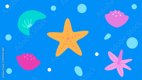 Seashells starfish and bubbles on blue sea