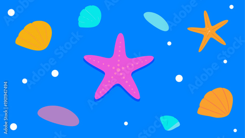 Starfish and shells on a blue background