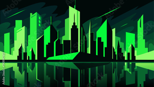 Green city skyline with water reflection