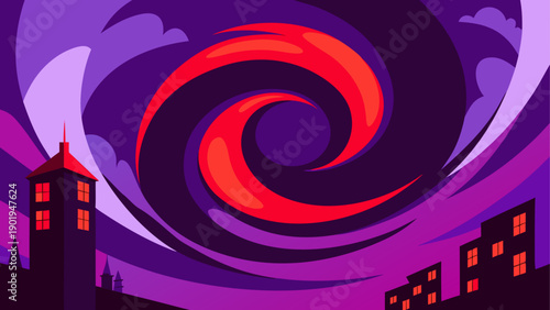 Cityscape with red vortex and dark clouds
