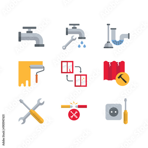 Home repair plumbing and electrical service flat color icon set
