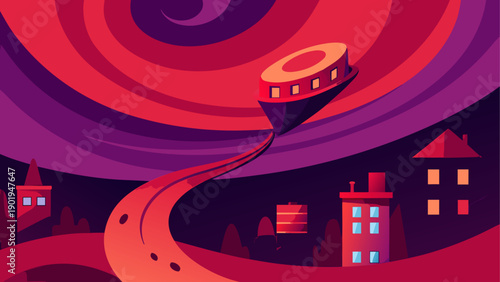 Flying saucer over a stylized cityscape