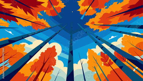 Looking up at autumn trees and blue sky