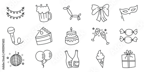 Festive hand-drawn doodle icons set for celebrations, birthdays, and special events. Includes party essentials like cake, gifts, and decorations in a fun vector style