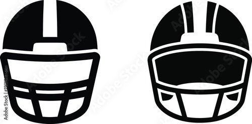 Two black football helmets front view icons isolated on white, sport symbol