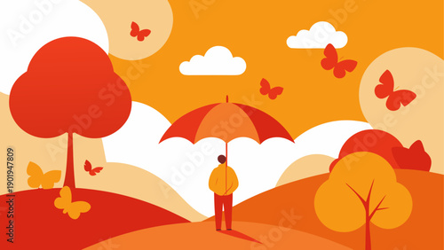 Person with umbrella in autumn landscape