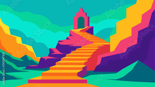 Stairway towards a pink building artwork