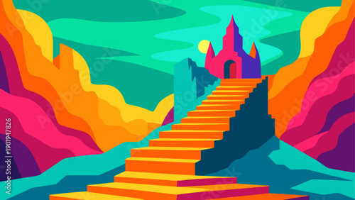 Colorful stairs leading to a castle view