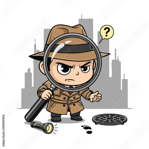 Cute cartoon detective character with magnifying glass investigating a mystery.