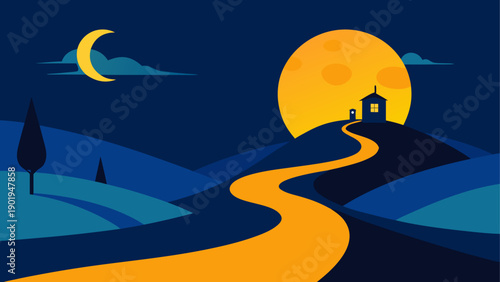 Night landscape with moon and house view