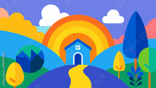 Cartoon house with rainbow and landscape art